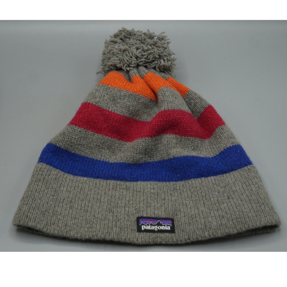 Patagonia Vintage Town Beanie Grey Striped Wool Blend Pom Pom Hat